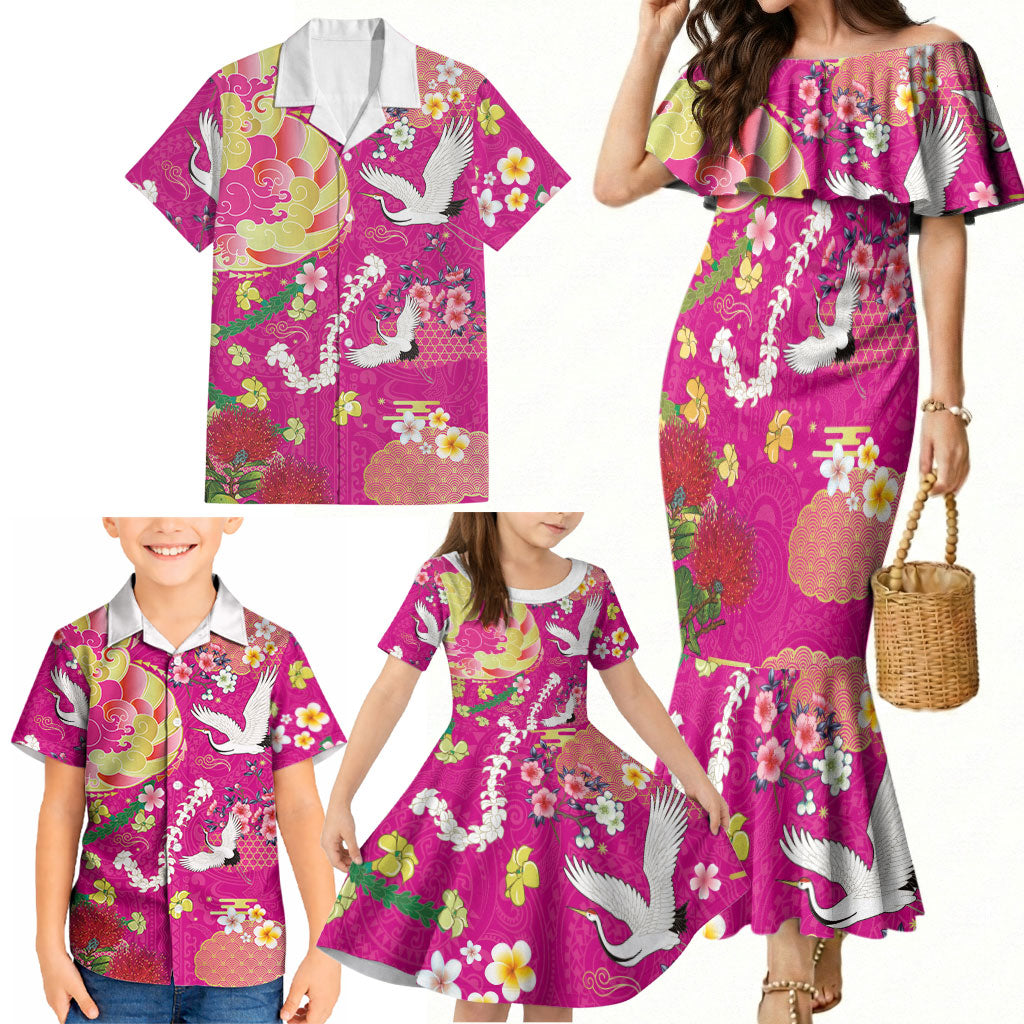 Hawaiian and Japanese Culture Together Family Matching Mermaid Dress and Hawaiian Shirt Kakau Tribal Pattern and Irezumi Art Pink Color