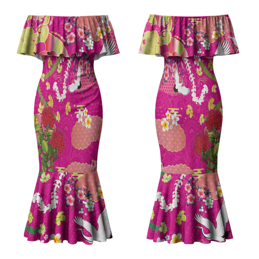 Hawaiian and Japanese Culture Together Family Matching Mermaid Dress and Hawaiian Shirt Kakau Tribal Pattern and Irezumi Art Pink Color