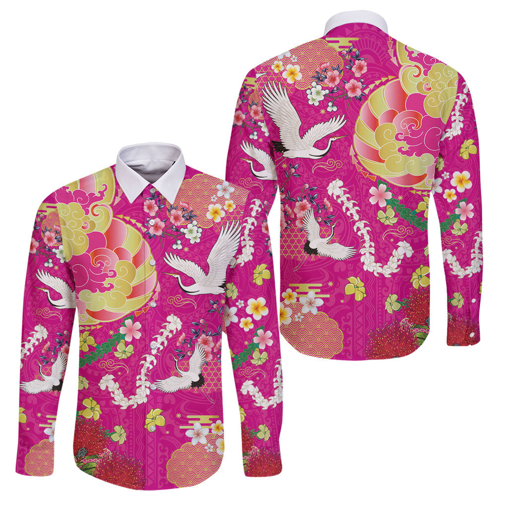 Hawaiian and Japanese Culture Together Family Matching Off The Shoulder Long Sleeve Dress and Hawaiian Shirt Kakau Tribal Pattern and Irezumi Art Pink Color