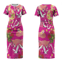 Hawaiian and Japanese Culture Together Family Matching Short Sleeve Bodycon Dress and Hawaiian Shirt Kakau Tribal Pattern and Irezumi Art Pink Color