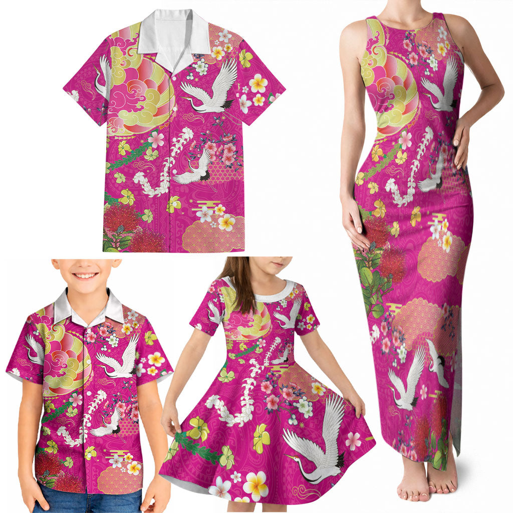 Hawaiian and Japanese Culture Together Family Matching Tank Maxi Dress and Hawaiian Shirt Kakau Tribal Pattern and Irezumi Art Pink Color