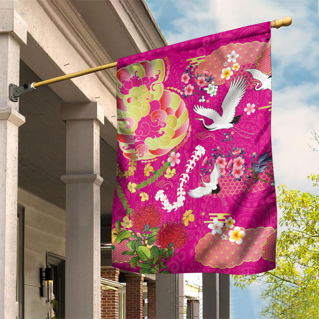 Hawaiian and Japanese Culture Together Garden Flag Kakau Tribal Pattern and Irezumi Art Pink Color