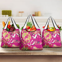 Hawaiian and Japanese Culture Together Grocery Bag Kakau Tribal Pattern and Irezumi Art Pink Color