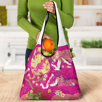 Hawaiian and Japanese Culture Together Grocery Bag Kakau Tribal Pattern and Irezumi Art Pink Color