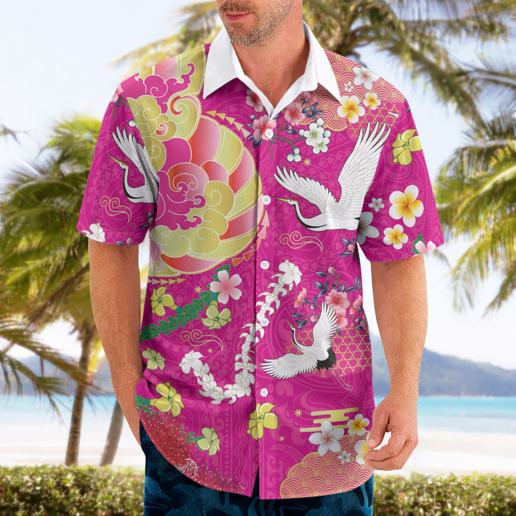 Hawaiian and Japanese Culture Together Hawaiian Shirt Kakau Tribal Pattern and Irezumi Art Pink Color