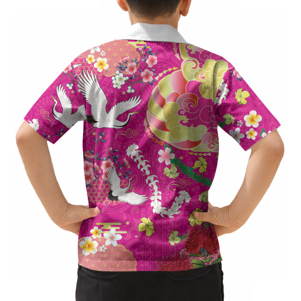 Hawaiian and Japanese Culture Together Kid Hawaiian Shirt Kakau Tribal Pattern and Irezumi Art Pink Color
