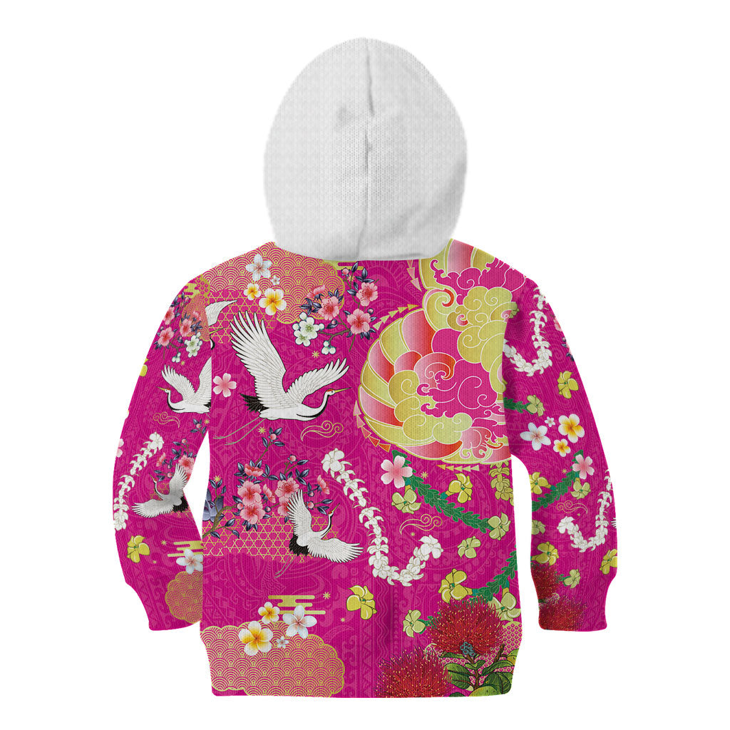 Hawaiian and Japanese Culture Together Kid Hoodie Kakau Tribal Pattern and Irezumi Art Pink Color