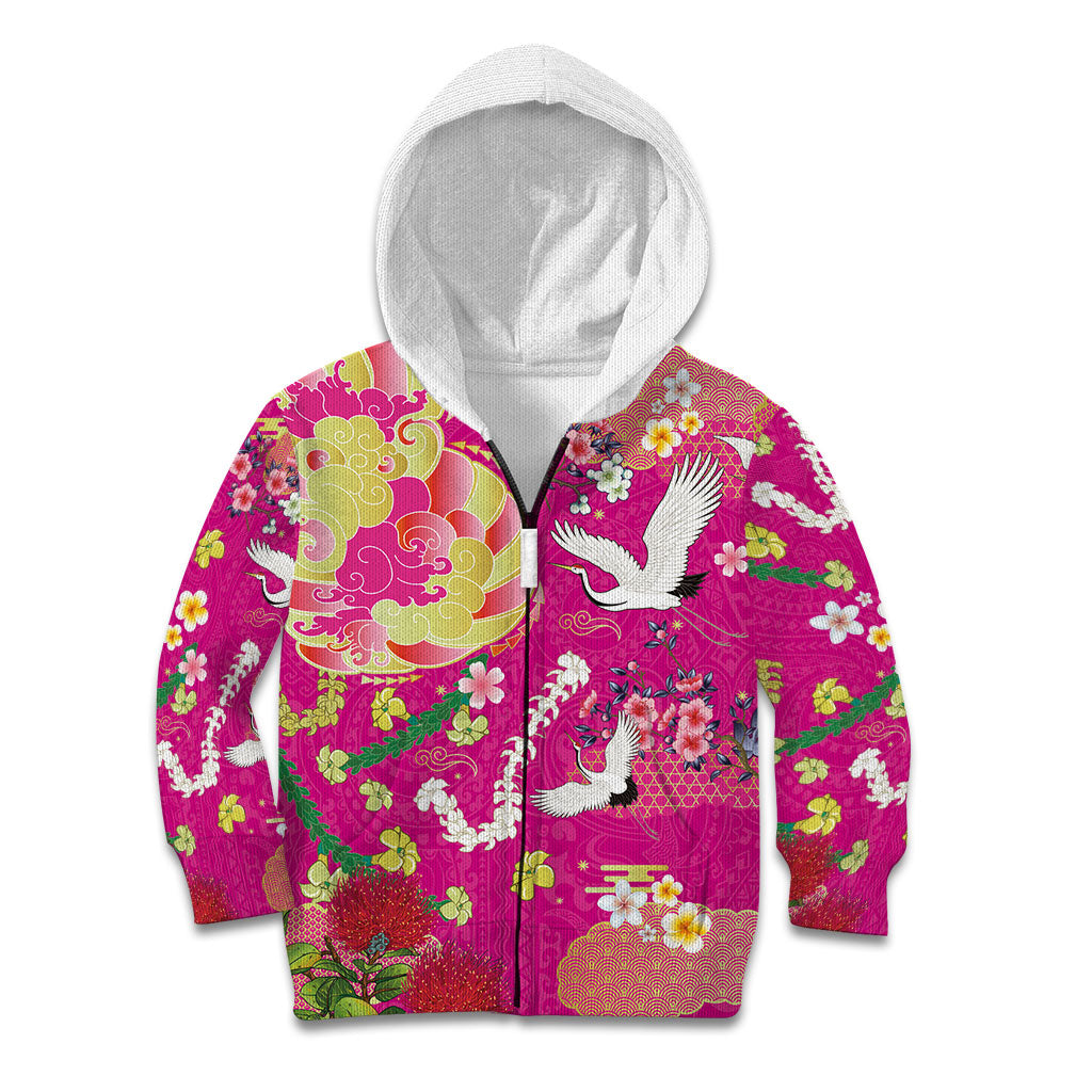 Hawaiian and Japanese Culture Together Kid Hoodie Kakau Tribal Pattern and Irezumi Art Pink Color