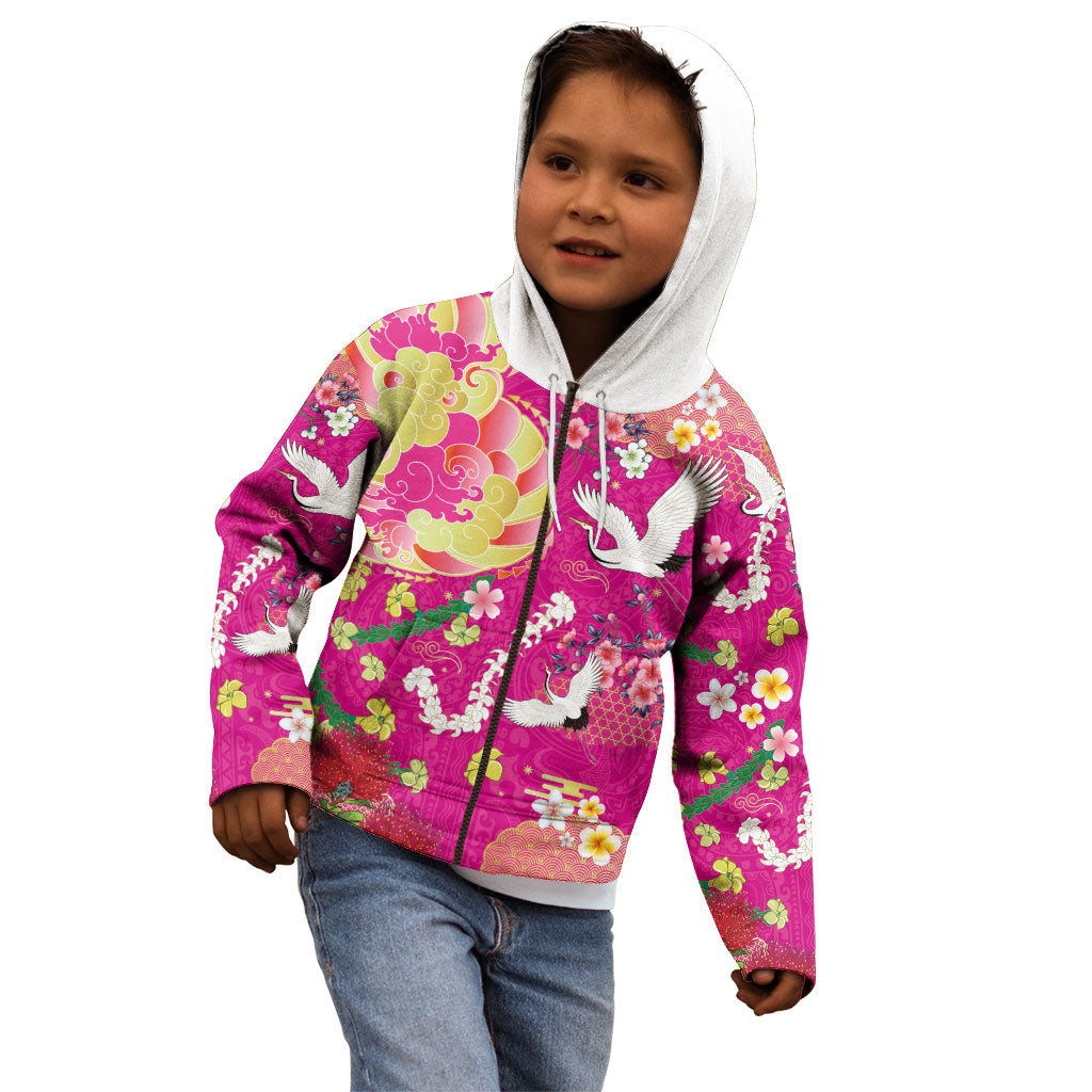 Hawaiian and Japanese Culture Together Kid Hoodie Kakau Tribal Pattern and Irezumi Art Pink Color