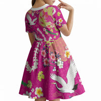 Hawaiian and Japanese Culture Together Kid Short Sleeve Dress Kakau Tribal Pattern and Irezumi Art Pink Color