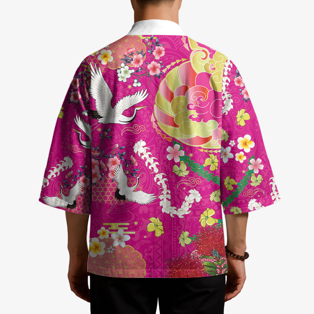 Hawaiian and Japanese Culture Together Kimono Kakau Tribal Pattern and Irezumi Art Pink Color