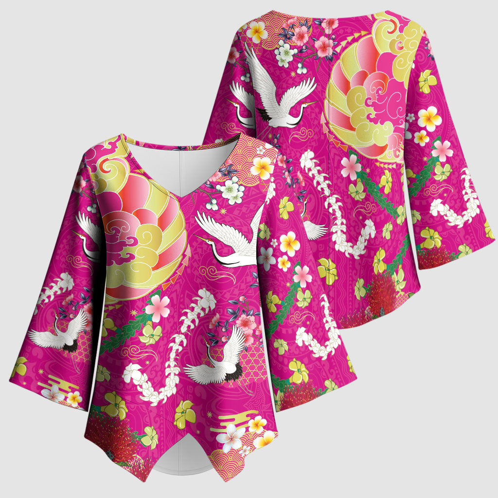 Hawaiian and Japanese Culture Together Kimono Sleeve Blouse Kakau Tribal Pattern and Irezumi Art Pink Color