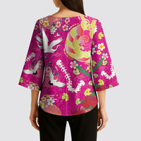 Hawaiian and Japanese Culture Together Kimono Sleeve Blouse Kakau Tribal Pattern and Irezumi Art Pink Color