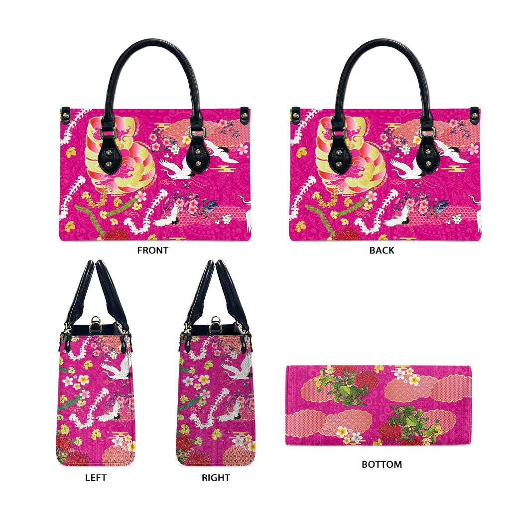 Hawaiian and Japanese Culture Together Leather Bag Kakau Tribal Pattern and Irezumi Art Pink Color
