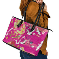 Hawaiian and Japanese Culture Together Leather Tote Bag Kakau Tribal Pattern and Irezumi Art Pink Color