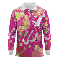 Hawaiian and Japanese Culture Together Long Sleeve Polo Shirt Kakau Tribal Pattern and Irezumi Art Pink Color