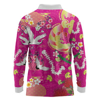 Hawaiian and Japanese Culture Together Long Sleeve Polo Shirt Kakau Tribal Pattern and Irezumi Art Pink Color