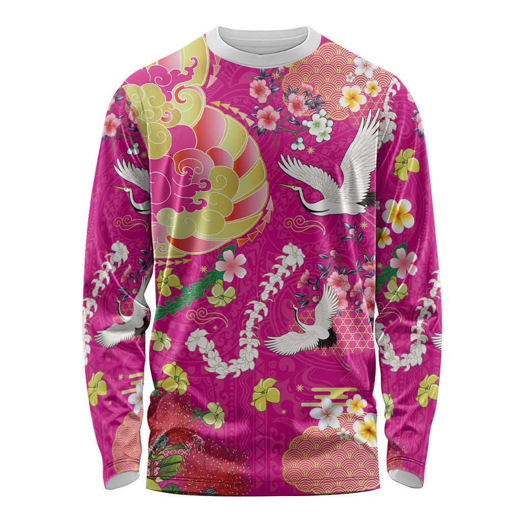 Hawaiian and Japanese Culture Together Long Sleeve Shirt Kakau Tribal Pattern and Irezumi Art Pink Color LT03 Unisex Pink - Polynesian Pride