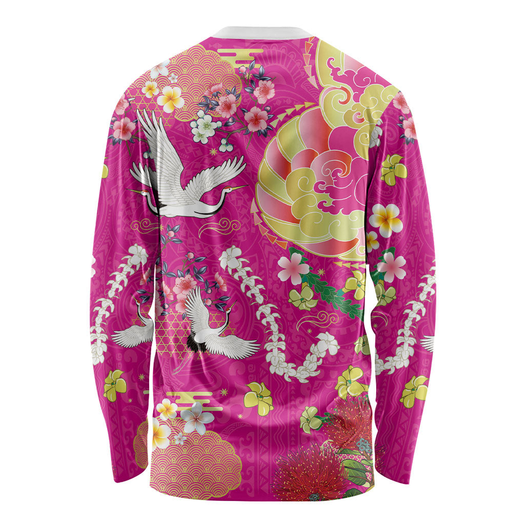 Hawaiian and Japanese Culture Together Long Sleeve Shirt Kakau Tribal Pattern and Irezumi Art Pink Color