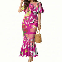 Hawaiian and Japanese Culture Together Mermaid Dress Kakau Tribal Pattern and Irezumi Art Pink Color