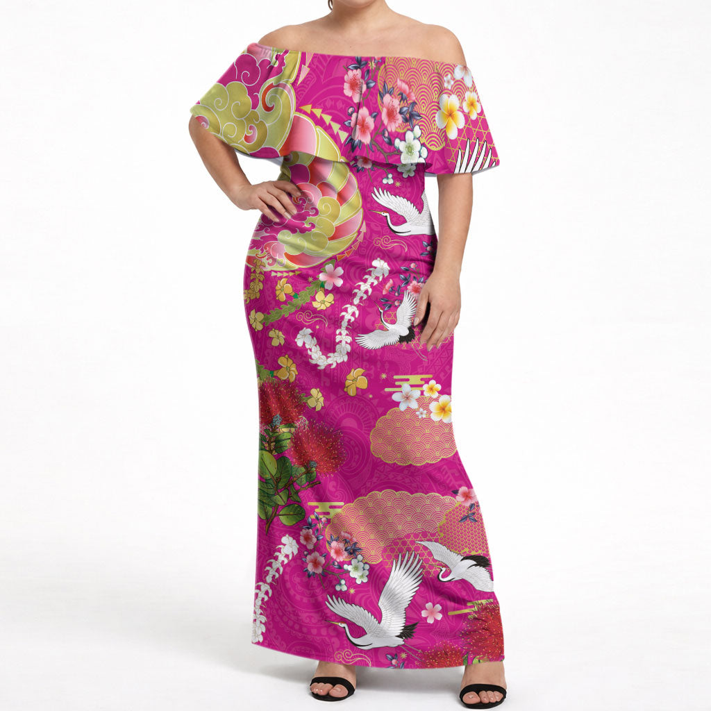 Hawaiian and Japanese Culture Together Off Shoulder Maxi Dress Kakau Tribal Pattern and Irezumi Art Pink Color