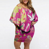 Hawaiian and Japanese Culture Together Off Shoulder Short Dress Kakau Tribal Pattern and Irezumi Art Pink Color