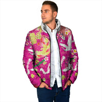 Hawaiian and Japanese Culture Together Padded Jacket Kakau Tribal Pattern and Irezumi Art Pink Color