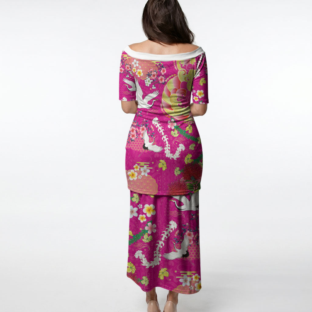 Hawaiian and Japanese Culture Together Puletasi Kakau Tribal Pattern and Irezumi Art Pink Color