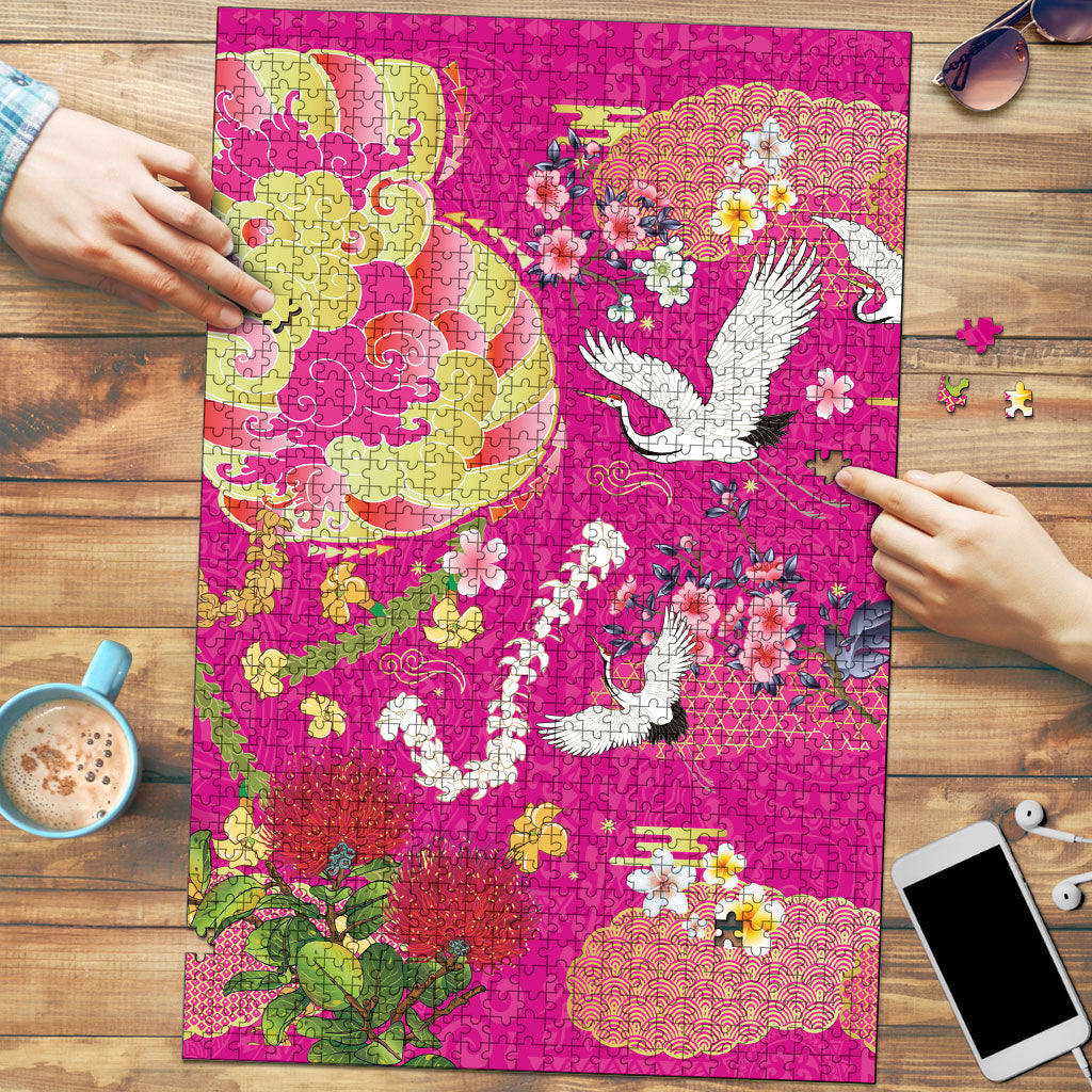 Hawaiian and Japanese Culture Together Puzzle Kakau Tribal Pattern and Irezumi Art Pink Color