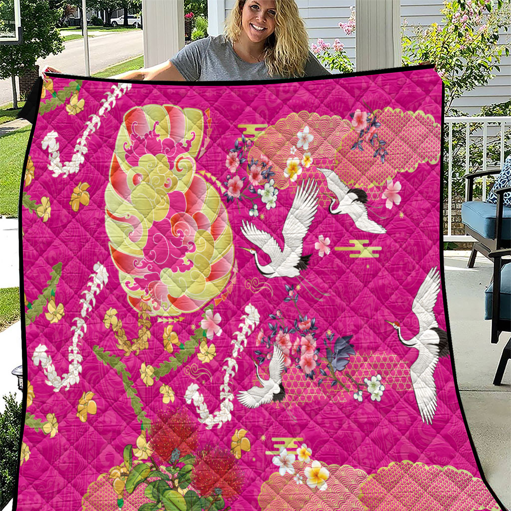 Hawaiian and Japanese Culture Together Quilt Kakau Tribal Pattern and Irezumi Art Pink Color