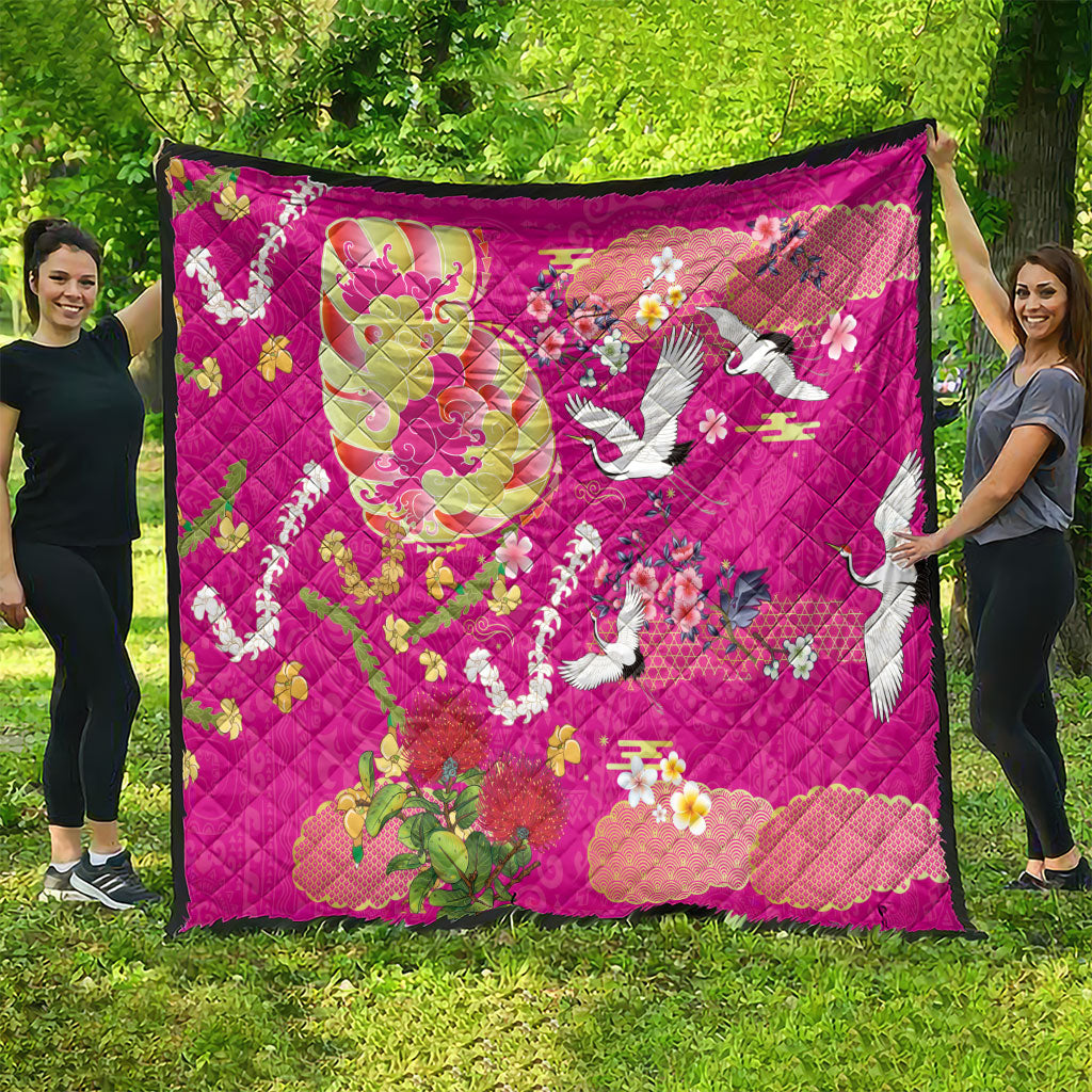 Hawaiian and Japanese Culture Together Quilt Kakau Tribal Pattern and Irezumi Art Pink Color