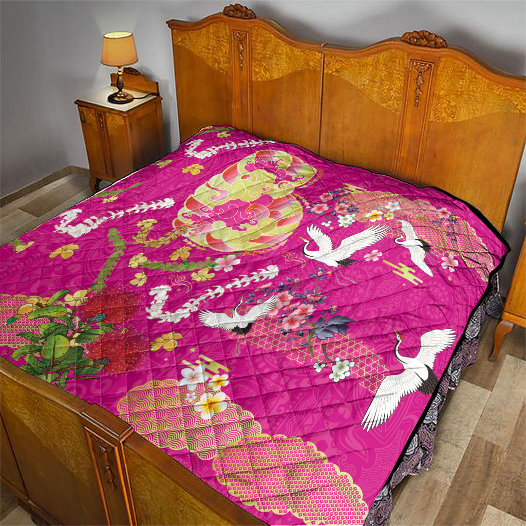 Hawaiian and Japanese Culture Together Quilt Kakau Tribal Pattern and Irezumi Art Pink Color