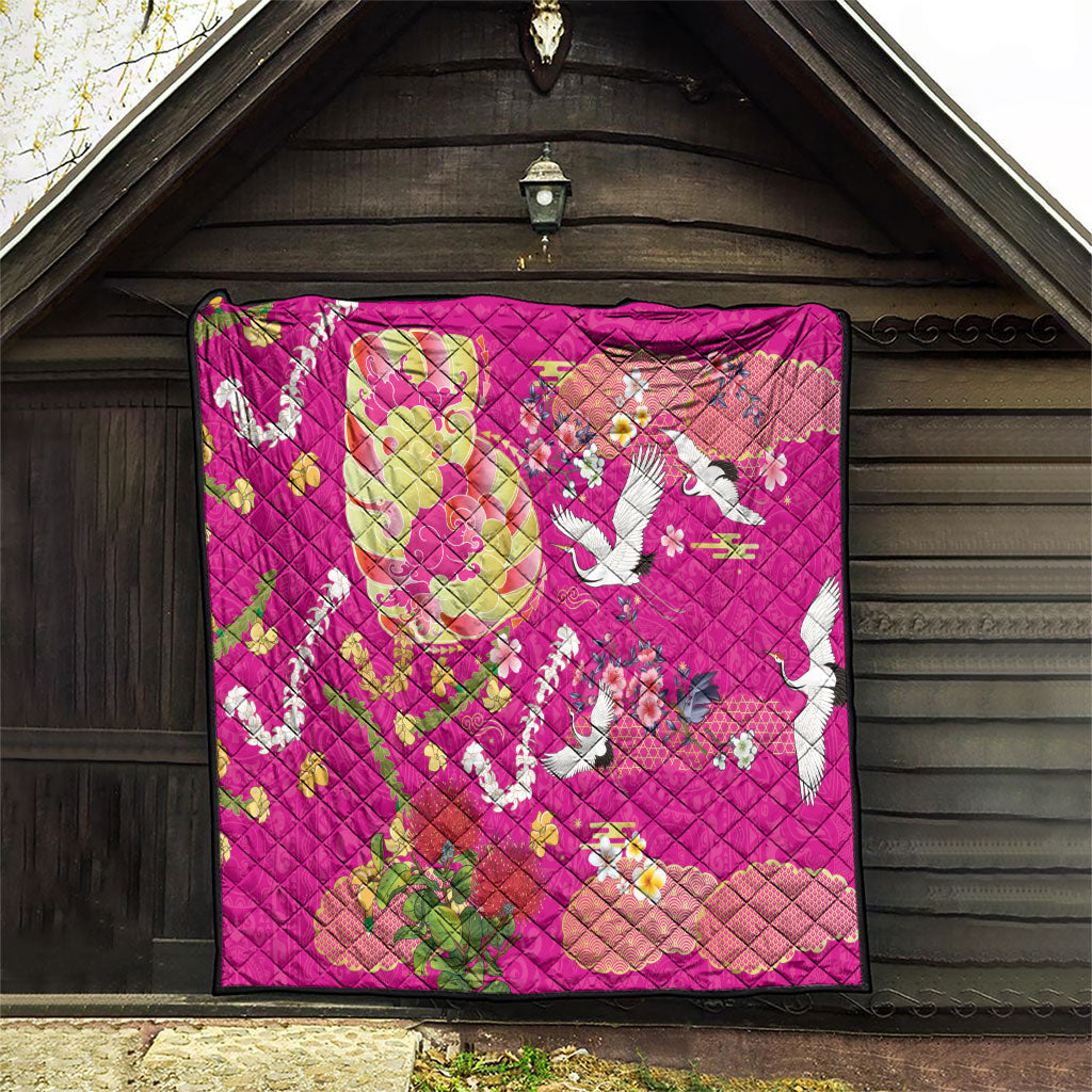 Hawaiian and Japanese Culture Together Quilt Kakau Tribal Pattern and Irezumi Art Pink Color