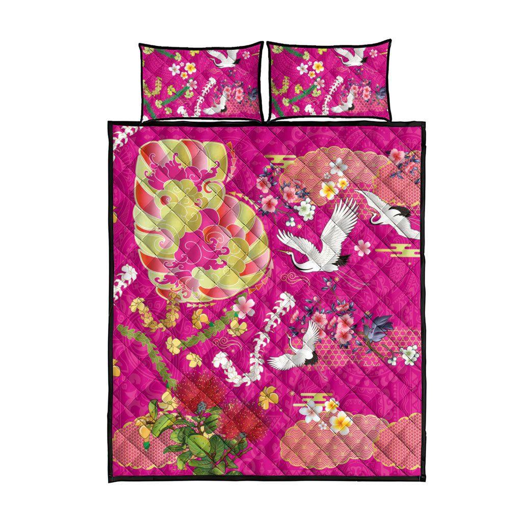 Hawaiian and Japanese Culture Together Quilt Bed Set Kakau Tribal Pattern and Irezumi Art Pink Color
