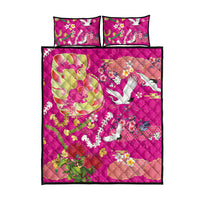 Hawaiian and Japanese Culture Together Quilt Bed Set Kakau Tribal Pattern and Irezumi Art Pink Color