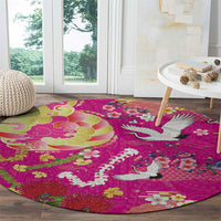 Hawaiian and Japanese Culture Together Round Carpet Kakau Tribal Pattern and Irezumi Art Pink Color