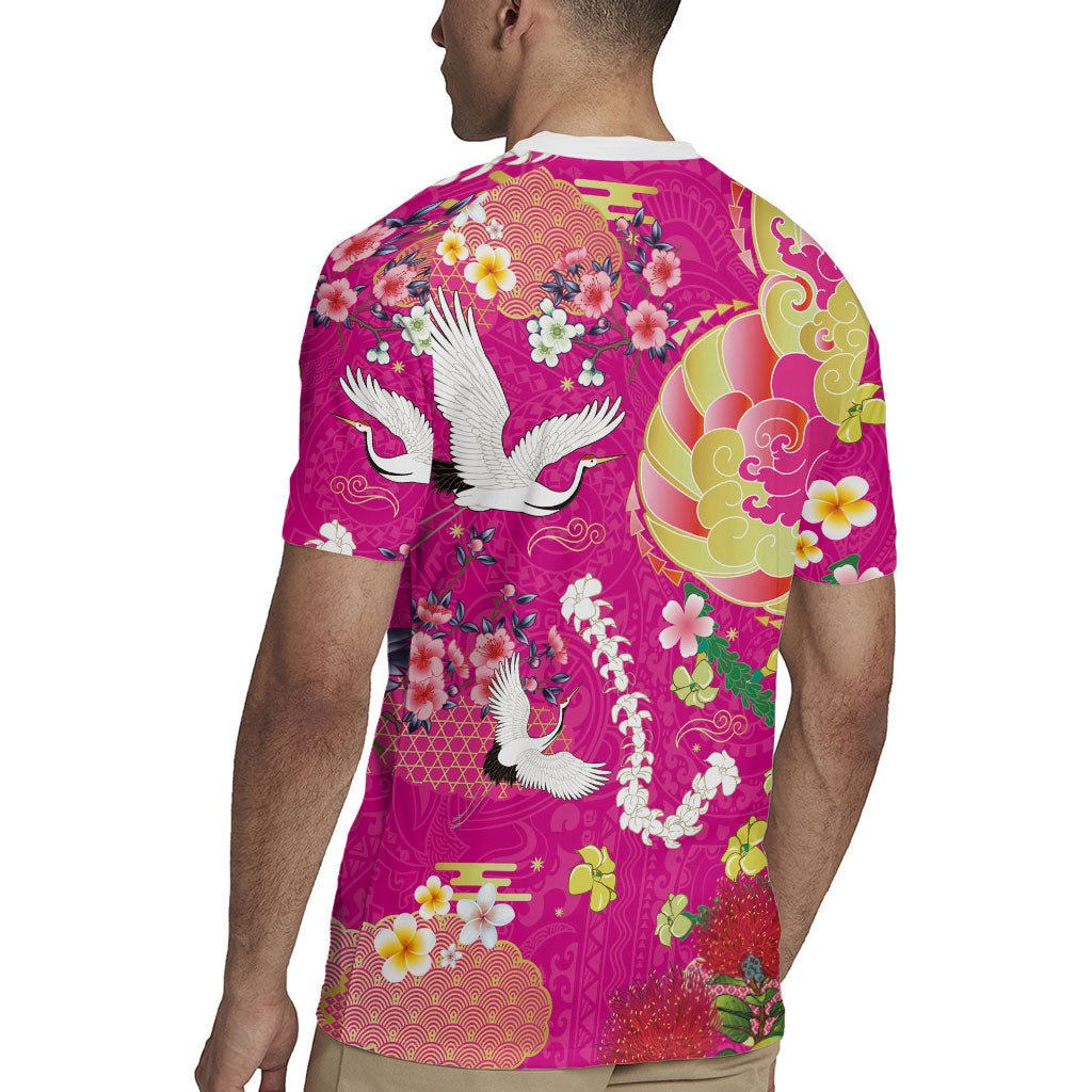 Hawaiian and Japanese Culture Together Rugby Jersey Kakau Tribal Pattern and Irezumi Art Pink Color
