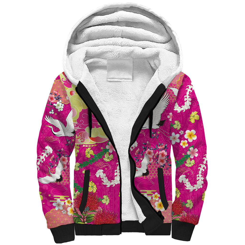 Hawaiian and Japanese Culture Together Sherpa Hoodie Kakau Tribal Pattern and Irezumi Art Pink Color