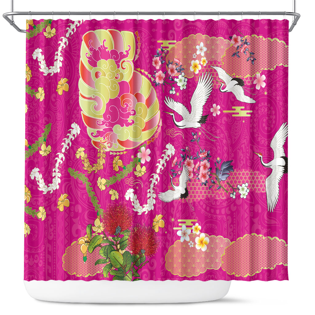 Hawaiian and Japanese Culture Together Shower Curtain Kakau Tribal Pattern and Irezumi Art Pink Color