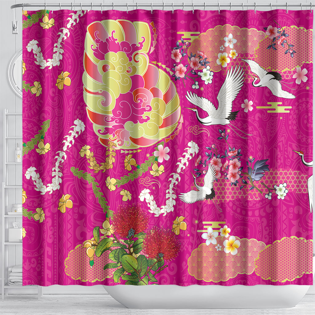 Hawaiian and Japanese Culture Together Shower Curtain Kakau Tribal Pattern and Irezumi Art Pink Color