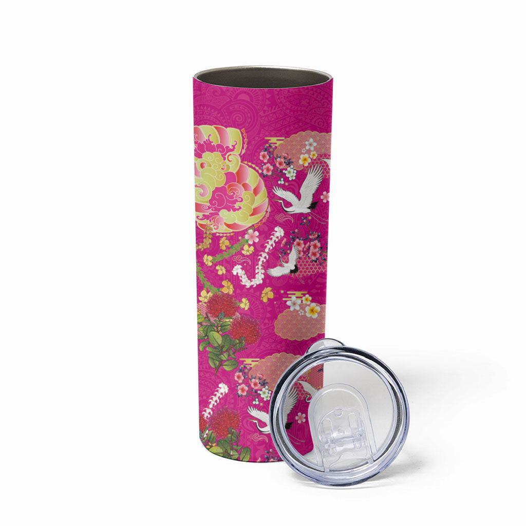Hawaiian and Japanese Culture Together Skinny Tumbler Kakau Tribal Pattern and Irezumi Art Pink Color