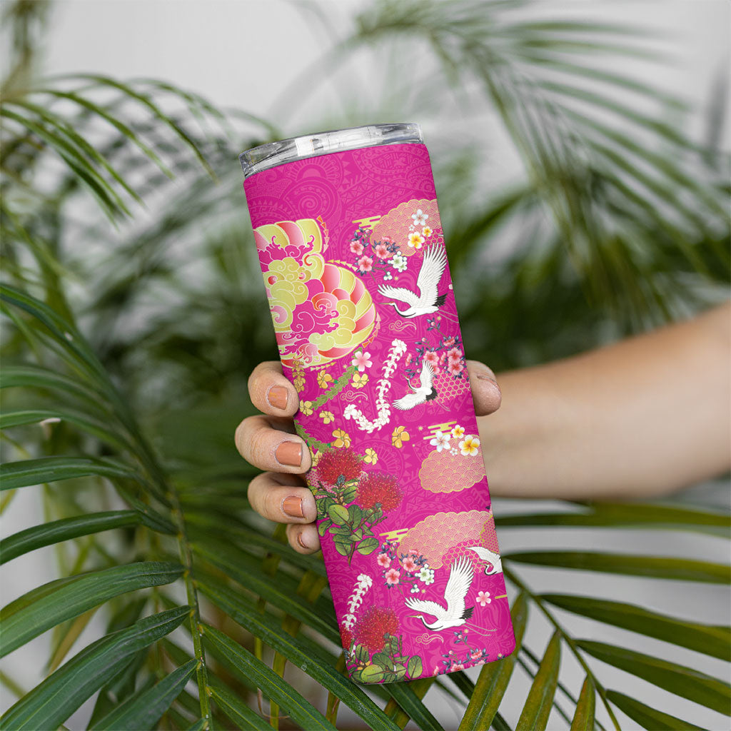 Hawaiian and Japanese Culture Together Skinny Tumbler Kakau Tribal Pattern and Irezumi Art Pink Color