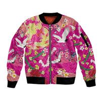 Hawaiian and Japanese Culture Together Sleeve Zip Bomber Jacket Kakau Tribal Pattern and Irezumi Art Pink Color