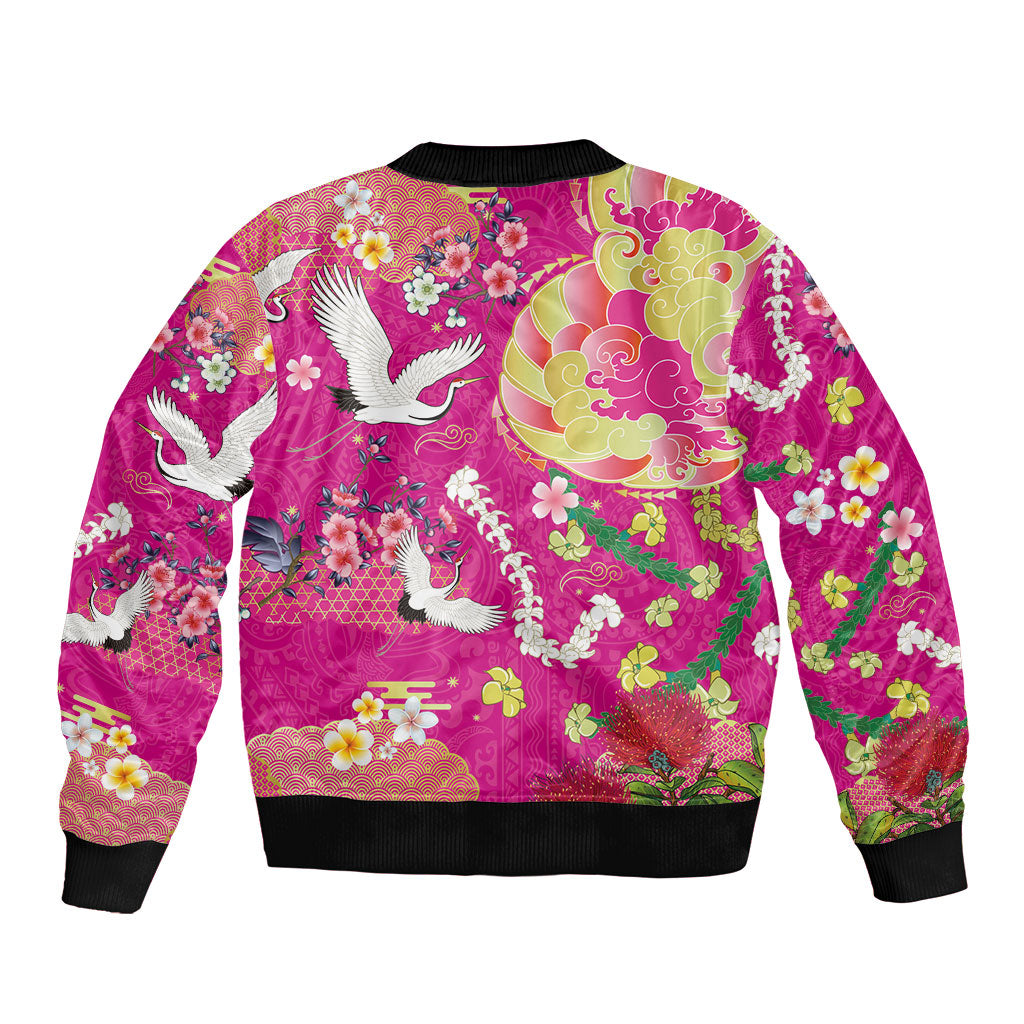 Hawaiian and Japanese Culture Together Sleeve Zip Bomber Jacket Kakau Tribal Pattern and Irezumi Art Pink Color