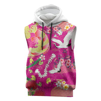 Hawaiian and Japanese Culture Together Sleeveless Hoodie Kakau Tribal Pattern and Irezumi Art Pink Color