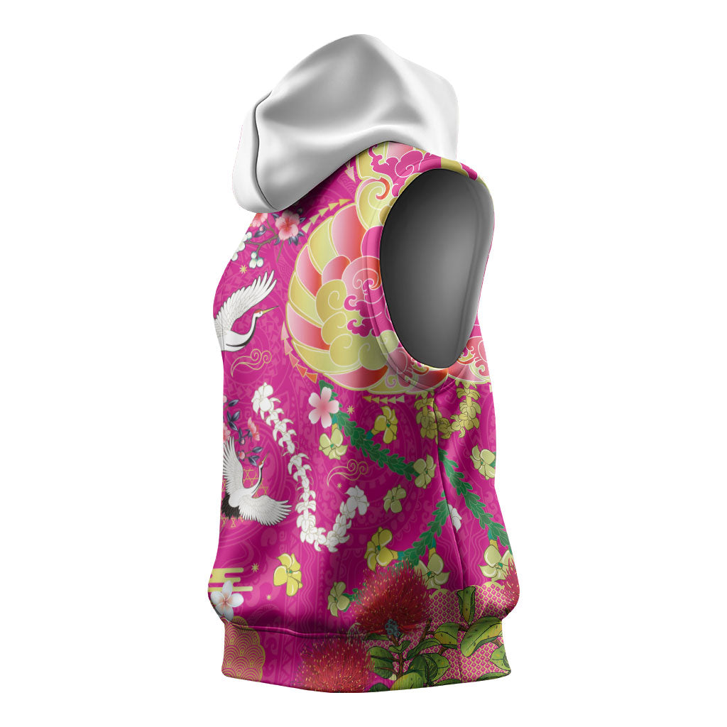 Hawaiian and Japanese Culture Together Sleeveless Hoodie Kakau Tribal Pattern and Irezumi Art Pink Color