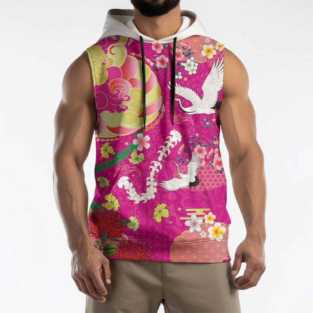 Hawaiian and Japanese Culture Together Sleeveless Hoodie Kakau Tribal Pattern and Irezumi Art Pink Color