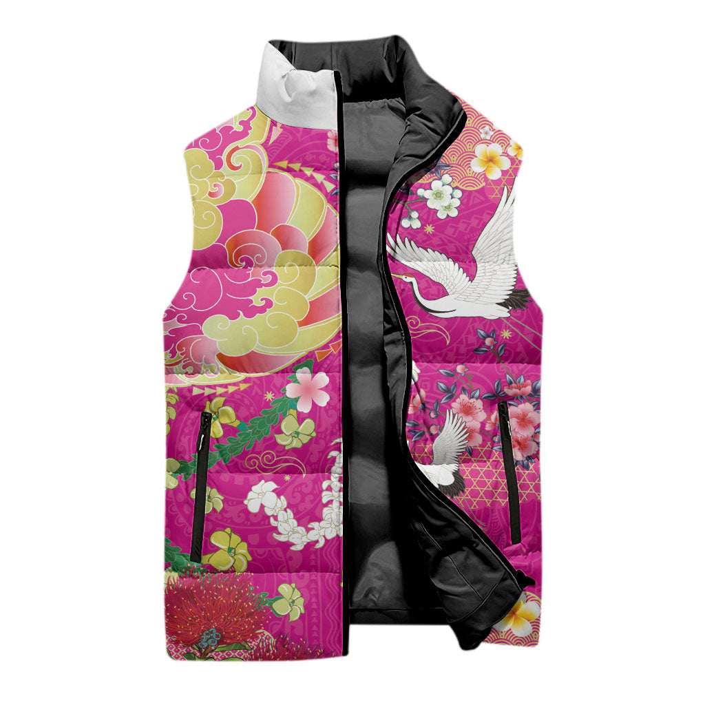 Hawaiian and Japanese Culture Together Sleeveless Puffer Jacket Kakau Tribal Pattern and Irezumi Art Pink Color