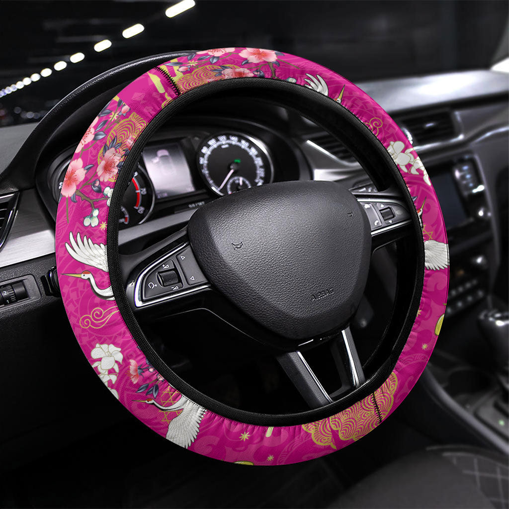 Hawaiian and Japanese Culture Together Steering Wheel Cover Kakau Tribal Pattern and Irezumi Art Pink Color