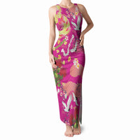 Hawaiian and Japanese Culture Together Tank Maxi Dress Kakau Tribal Pattern and Irezumi Art Pink Color